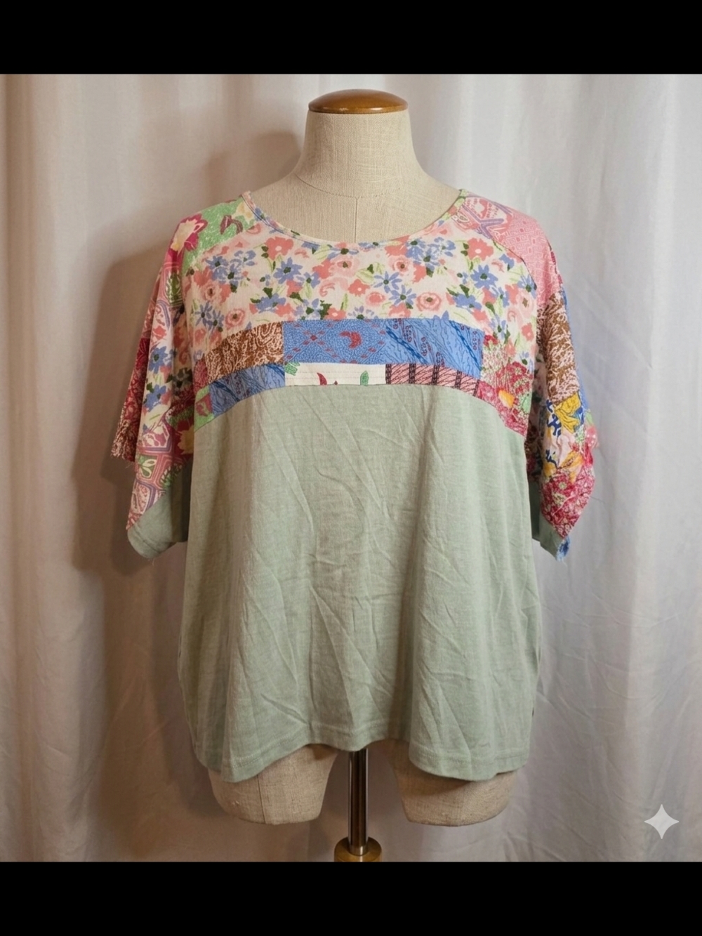 Mint Patchwork Floral Short Sleeve Women's Top